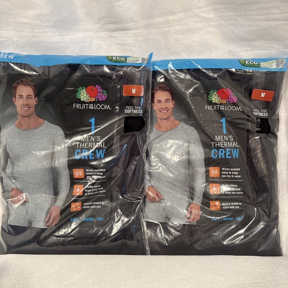 2- Fruit of the Loom Thermal Top Shirt Base Layer Long John Black Waffle Men's M